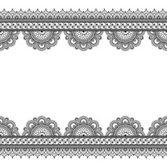 Indian mehndi henna border elements with flowers pattern card for tattoo on white background.