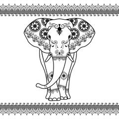 Elephant with border elements in ethnic mehndi style. Vector black and white frontal elephant's illustration isolated on white background