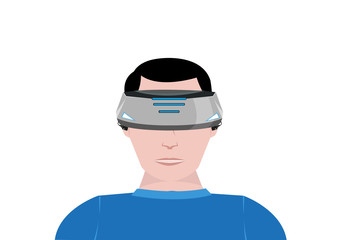 A Person Uses a Virtual Reality device for 360 video gaming. Editable Clip Art.
