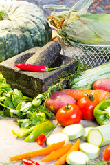 Vegetarian ingredients (vegetables and seasoning) for cooking. Vegetarian o healthy food concept