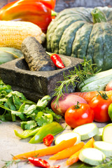 Vegetarian ingredients (vegetables and seasoning) for cooking. Vegetarian o healthy food concept