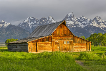 Fototapeta na wymiar Old wooden Mormon barn on Mormon Row in Grand Teton National Park