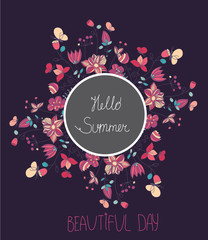 background, colorful vector illustration with lettering Hello summer with flowers on a red background