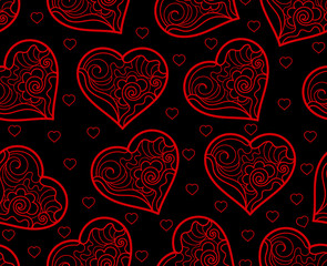 Valentine's vector seamless pattern with red lacy hearts. Happy Valentine's day endless texture