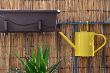 Yellow metal watering can (pot) hang on balcony railing, bamboo fence in background