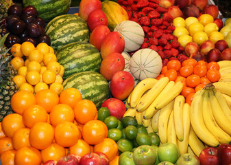  Set of freshly picked organic fruits at market stall