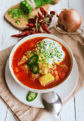 ukrainian national soup borscht with a fresh chives and sour cre