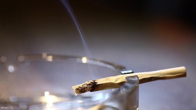 Color footage of a cigarette, burning in an ashtray and a hand.