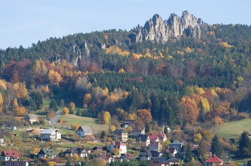 Sandstone rock Suche skaly over village Mala Skala in Bohemia Paradise (Cesky Raj), North Bohemia,...