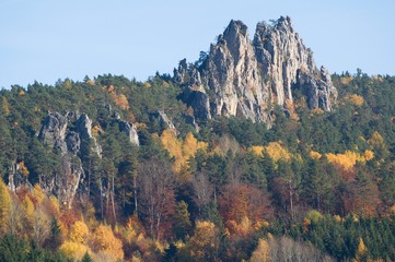 Sandstone rock Suche skaly over village Mala Skala in Bohemia Paradise (Cesky Raj), North Bohemia, Czech republic