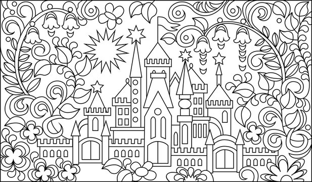 Black and white illustration of fairyland castle for coloring. Developing children skills for drawing. Vector image.