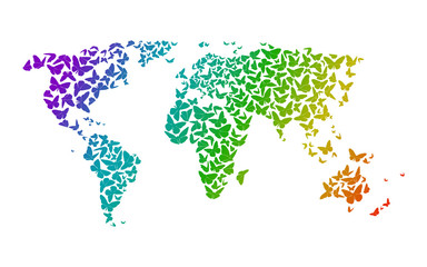 Rainbow Colored World Map With Silhouettes Of Butterflies