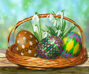 Wicker basket with Easter eggs and snowdrops