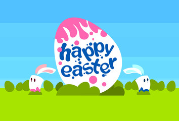 Big Painted Egg Happy Easter Holiday Rabbits Bunny Couple Spring Natural Background Blue Sky Green Grass