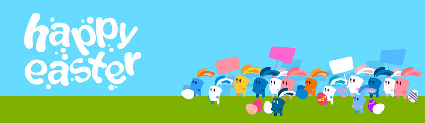 Group Of Cartoon Rabbits Hold Placard Eggs Happy Easter Holiday Banner