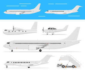 Modern and classic passenger airplanes, private business jets and single engine air planes standing and flying, side view, isolated. Vector flat web icons
