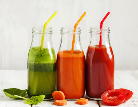 Fruits and vegetable juice in bottle.