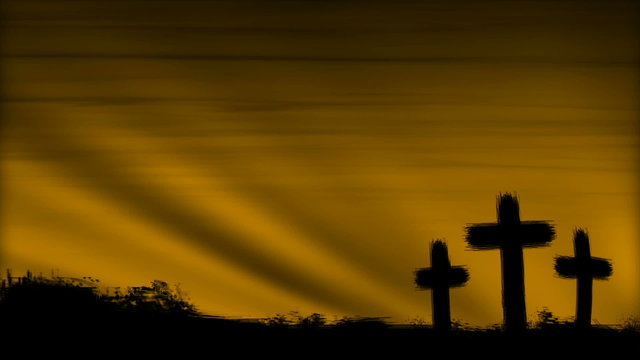 Three abstract crosses are silhouetted by a rich golden sky with subtly moving rays of light in this perfectly seamless (no fade) loop.