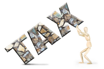 Man under the burden of taxes. Conceptual image with a wooden puppet