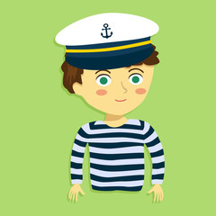 Cartoon Vector Illustration of a Boy with Sailor Shirt and Marine Captain Cap in Green Background