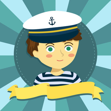 Cartoon Vector Illustration of a Boy with Sailor 

Shirt and Marine Captain Cap in Circle Blue Background with Yellow Banner