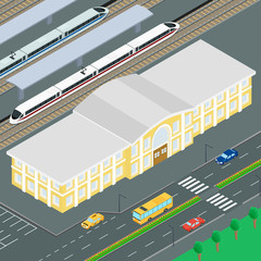 vector illustration. The building of the railway station. Train on the railway platform railway station. Parking cars, road, car, bus. Infographics, isometric