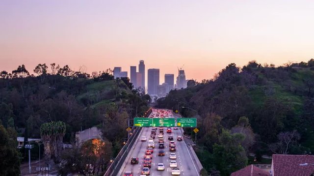 Los Angeles, California, USA skyline and highway.