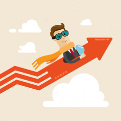 Businessman or manager. A man in suit flying in an airplane. Illustration of a positive trend. Vector EPS 10.