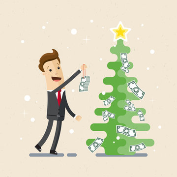 Businessman, manager, employee. A man in a suit decorates a Christmas tree with money. Vector EPS10.