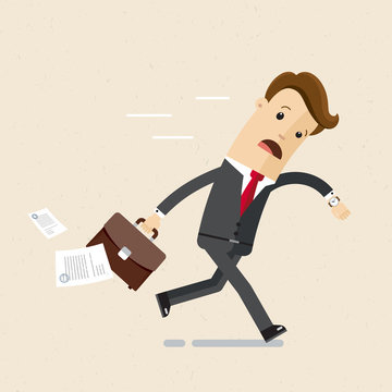 Manager or bisnessman are late. A man in a suit with a briefcase in his hands  are late, hurry, running, looks at the watch. Illustration, vector eps 10.