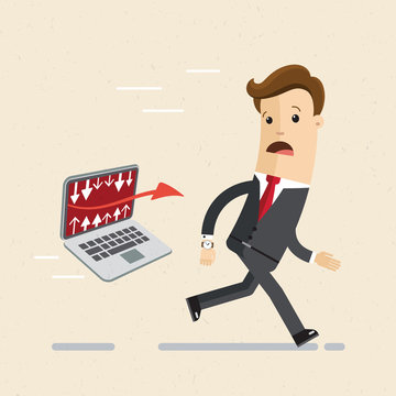 Manager or bisnessman  running away from his laptop. Falling of sales, profits, negative forecast. Illustration, Vector eps 10.