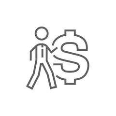 Businessman with big dollar symbol line icon.