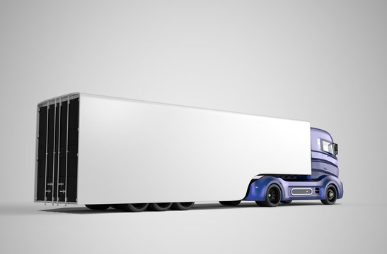 Rear view of hybrid electric truck isolated on gray background. Cargo container have blank copy space .