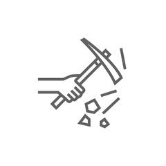 Hand using pickax line icon.