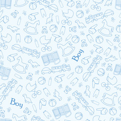 Boy background for baby. Blue background for baby with toys and facilities for the newborn.