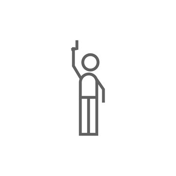 Man giving signal with starting gun line icon.