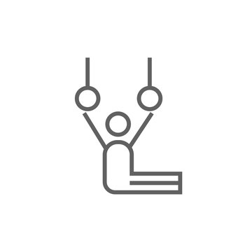 Gymnast performing on stationary rings line icon.