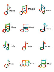 Music note logo set, flat thin line geometric icons