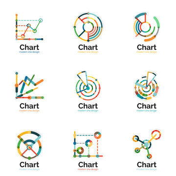 Thin line chart logo set. Graph icons modern colorful flat style