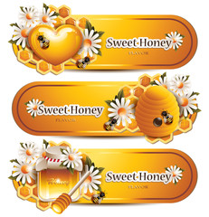 Trendy Honey Banners with Working Bees, Flowers, Honeycombs, Hive, Honey Heart and Jar with Wooden Stick