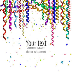 Colorful confetti and ribbons on white background for greeting card. Vector illustration