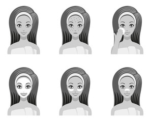 A set of female faces with masks for the care, nutrition, rejuvenation person, beauty spa treatments the eye area, acne pimples, cleansing strips nose, clear skin, icons black white vector isolated