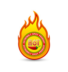 Extremely spicy product fire shaped badge with red chilli pepper and lettering HOT