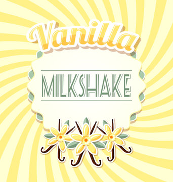 Vanilla milkshake label in retro style on twisted yellow background