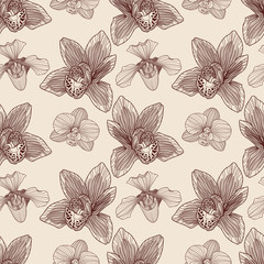 Orchid engraving seamless pattern on beige background