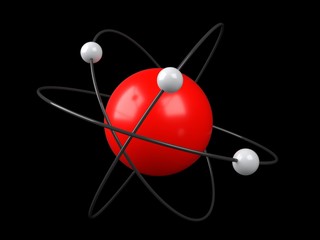 Model of atom on black background, 3D