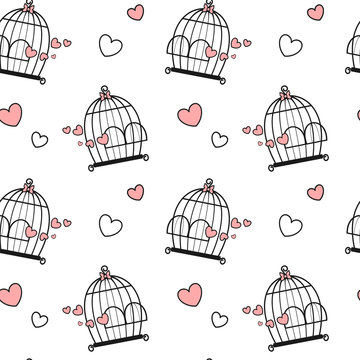 black white pink cute lovely cartoon birdcage with hearts seamless vector pattern background illustration