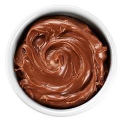 Bowl with chocolate butter isolated on white background.