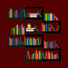 Illustration of bookshelfon wall with books in vector, flat style.