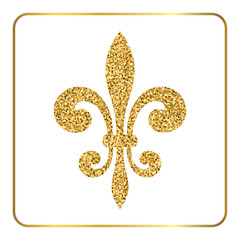 Golden fleur-de-lis heraldic emblem. Gold glitter sign isolated on white background. Design lily insignia element. Glowing french fleur de lis royal lily. Elegant decoration symbol Vector Illustration © alona_s
